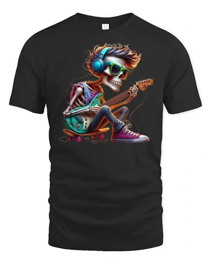 Cool Skeleton Guitarist Rock Music T-Shirt - black t-shirt on white background