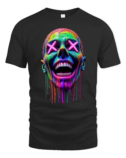 Neon Drip Smile Skull Art Streetwear T-Shirt - black t-shirt on white background