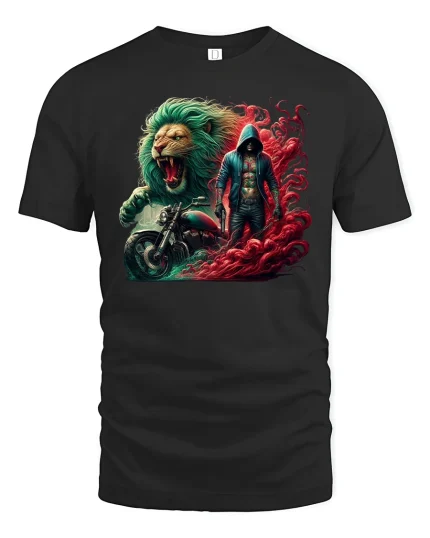 Fearless Lion Biker Spirit Fire and Power T-Shirt - black t-shirt on white background