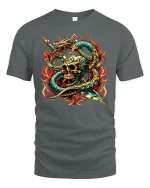 Skull and Serpent Warrior Fire Sword T-Shirt - gray t-shirt on white background
