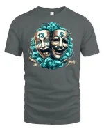 Comedy Tragedy Mask Money Power T-Shirt - gray t-shirt on white background