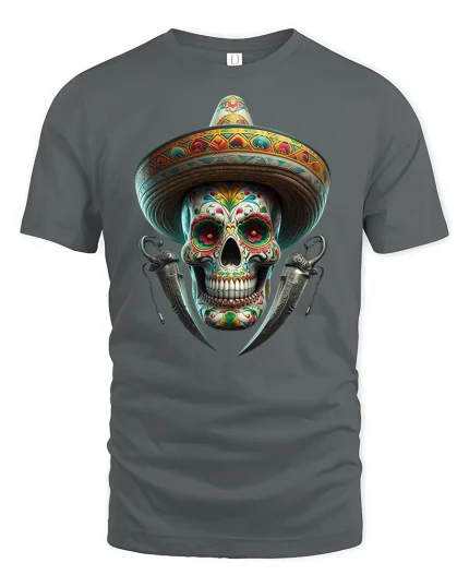 Mexican Sugar Skull Sombrero T-Shirt - gray t-shirt on white background