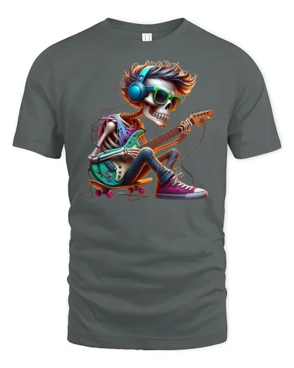 Cool Skeleton Guitarist Rock Music T-Shirt - gray t-shirt on white background