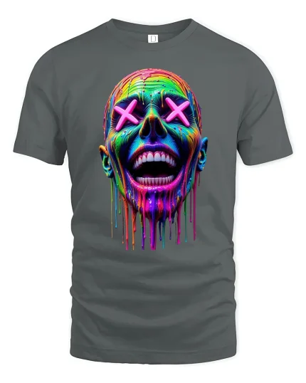Neon Drip Smile Skull Art Streetwear T-Shirt - gray t-shirt on white background