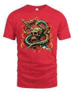 Skull and Serpent Warrior Fire Sword T-Shirt - red t-shirt on white background