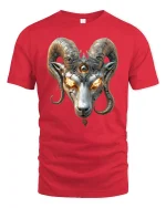 Inferno Ram Skull Fire Eyes Fantasy T-Shirt - red t-shirt on white background