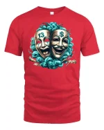 Comedy Tragedy Mask Money Power T-Shirt - red t-shirt on white background