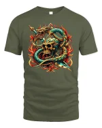 Skull and Serpent Warrior Fire Sword T-Shirt - military green t-shirt on white background