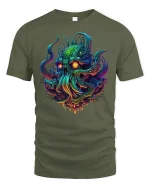 Neon Cthulhu Monster Glow Fantasy Horror T-Shirt - military green t-shirt on white background