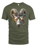 Inferno Ram Skull Fire Eyes Fantasy T-Shirt - military green t-shirt on white background