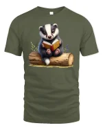 Cute Reading Badger Book Lover T-Shirt - military green t-shirt on white background