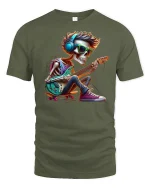Cool Skeleton Guitarist Rock Music T-Shirt - military green t-shirt on white background