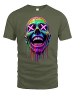 Neon Drip Smile Skull Art Streetwear T-Shirt - military green t-shirt on white background