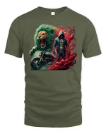 Fearless Lion Biker Spirit Fire and Power T-Shirt - military green t-shirt on white background