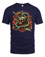 Skull and Serpent Warrior Fire Sword T-Shirt - navy t-shirt on white background