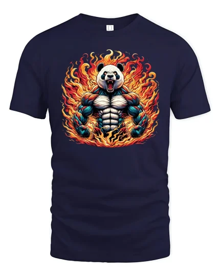 Fire Muscle Panda Power Beast Gym T-Shirt - navy t-shirt on white background