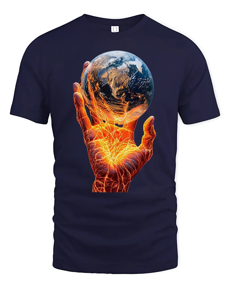 Fiery Earth Power Hand World Energy T-Shirt - 1 Fiery Earth Power Hand World Energy T-Shirt - navy t-shirt on white background