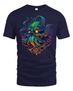 Neon Cthulhu Monster Glow Fantasy Horror T-Shirt - navy t-shirt on white background
