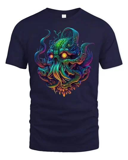 Neon Cthulhu Monster Glow Fantasy Horror T-Shirt - navy t-shirt on white background