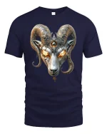 Inferno Ram Skull Fire Eyes Fantasy T-Shirt - navy t-shirt on white background
