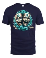 Comedy Tragedy Mask Money Power T-Shirt - navy t-shirt on white background