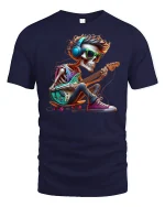 Cool Skeleton Guitarist Rock Music T-Shirt - navy t-shirt on white background