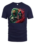 Fearless Lion Biker Spirit Fire and Power T-Shirt - navy t-shirt on white background
