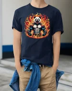 Fire Muscle Panda Power Beast Gym T-Shirt - model wearing Navy T-shirt, hands in pockets, denim shirt at waist