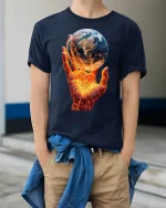 Fiery Earth Power Hand World Energy T-Shirt - model wearing Navy T-shirt, hands in pockets, denim shirt at waist