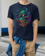 Neon Cthulhu Monster Glow Fantasy Horror T-Shirt - model wearing Navy T-shirt, hands in pockets, denim shirt at waist