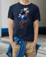Coffee Bean Gentleman Art Stylish Vapor T-Shirt - model wearing Navy T-shirt, hands in pockets, denim shirt at waist