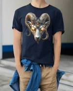 Inferno Ram Skull Fire Eyes Fantasy T-Shirt - model wearing Navy T-shirt, hands in pockets, denim shirt at waist