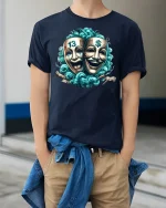 Comedy Tragedy Mask Money Power T-Shirt - model wearing Navy T-shirt, hands in pockets, denim shirt at waist