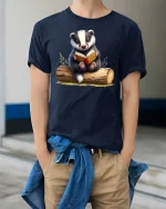 Cute Reading Badger Book Lover T-Shirt - model wearing Navy T-shirt, hands in pockets, denim shirt at waist