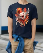 Funny Jester Cat Laughing Face T-Shirt - model wearing Navy T-shirt, hands in pockets, denim shirt at waist