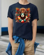 Billiard 8 Ball Tribal Eagle Pool T-Shirt - model wearing Navy T-shirt, hands in pockets, denim shirt at waist