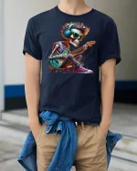 Cool Skeleton Guitarist Rock Music T-Shirt - model wearing Navy T-shirt, hands in pockets, denim shirt at waist