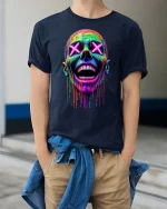 Neon Drip Smile Skull Art Streetwear T-Shirt - model wearing Navy T-shirt, hands in pockets, denim shirt at waist