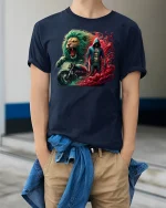 Fearless Lion Biker Spirit Fire and Power T-Shirt - model wearing Navy T-shirt, hands in pockets, denim shirt at waist