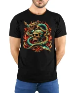 Skull and Serpent Warrior Fire Sword T-Shirt - model with hands behind back, wearing Black T-shirt and blue jeans