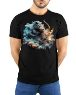Boar Archer Fire and Ice Warrior T-Shirt - model with hands behind back, wearing Black T-shirt and blue jeans