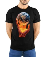 Fiery Earth Power Hand World Energy T-Shirt - model with hands behind back, wearing Black T-shirt and blue jeans