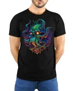 Neon Cthulhu Monster Glow Fantasy Horror T-Shirt - model with hands behind back, wearing Black T-shirt and blue jeans
