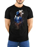 Coffee Bean Gentleman Art Stylish Vapor T-Shirt - model with hands behind back, wearing Black T-shirt and blue jeans