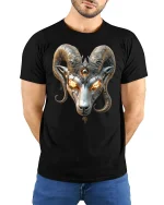 Inferno Ram Skull Fire Eyes Fantasy T-Shirt - model with hands behind back, wearing Black T-shirt and blue jeans