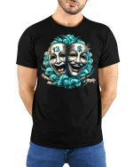Comedy Tragedy Mask Money Power T-Shirt - model with hands behind back, wearing Black T-shirt and blue jeans