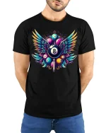 Winged 8 Ball Pool Legend T-Shirt - model with hands behind back, wearing Black T-shirt and blue jeans