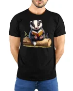 Cute Reading Badger Book Lover T-Shirt - model with hands behind back, wearing Black T-shirt and blue jeans