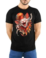 Funny Jester Cat Laughing Face T-Shirt - model with hands behind back, wearing Black T-shirt and blue jeans