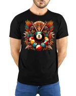 Billiard 8 Ball Tribal Eagle Pool T-Shirt - model with hands behind back, wearing Black T-shirt and blue jeans
